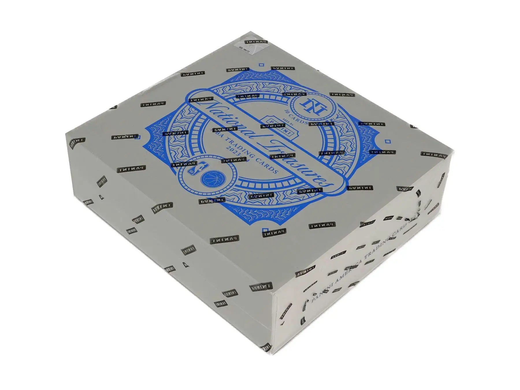 Square gray box with blue circular design for Panini National Treasures basketball hobby box