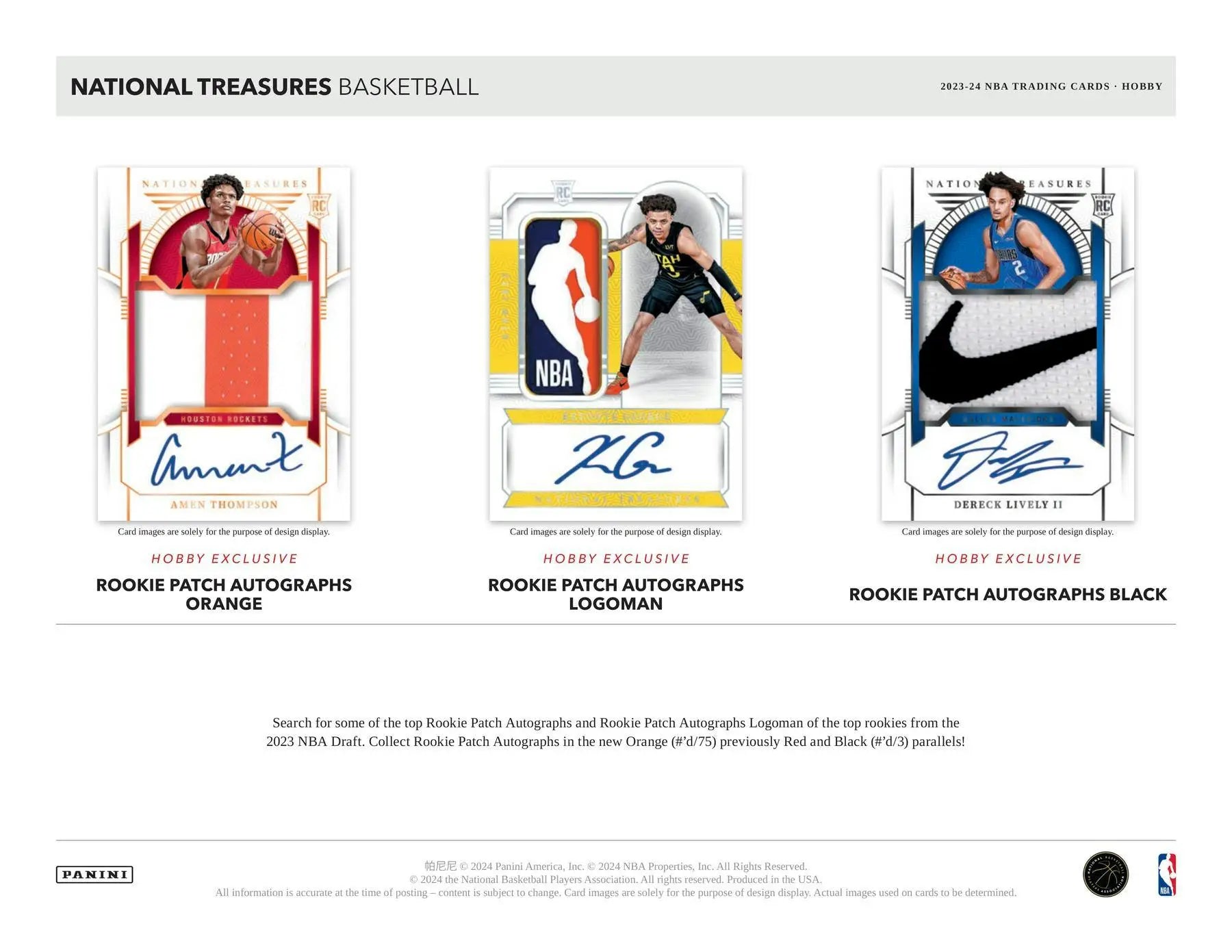 Basketball trading card layout of Panini National Treasures autographed rookie patch cards