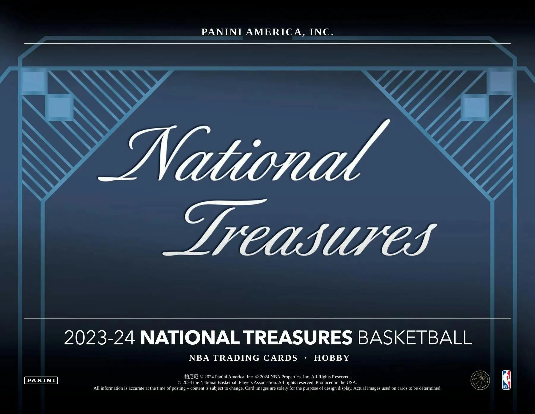 National Treasures basketball hobby box featuring metallic blue geometric design