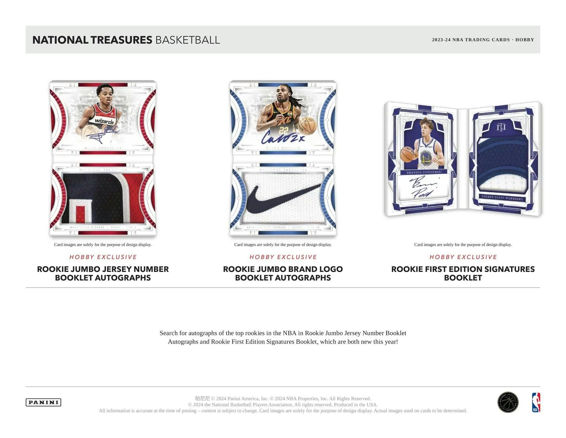 Product layout of 2023-24 Panini National Treasures basketball trading cards with patches
