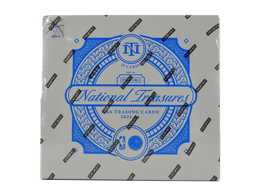 Box of 2023-24 Panini National Treasures NBA Basketball Hobby Box with blue silver logo