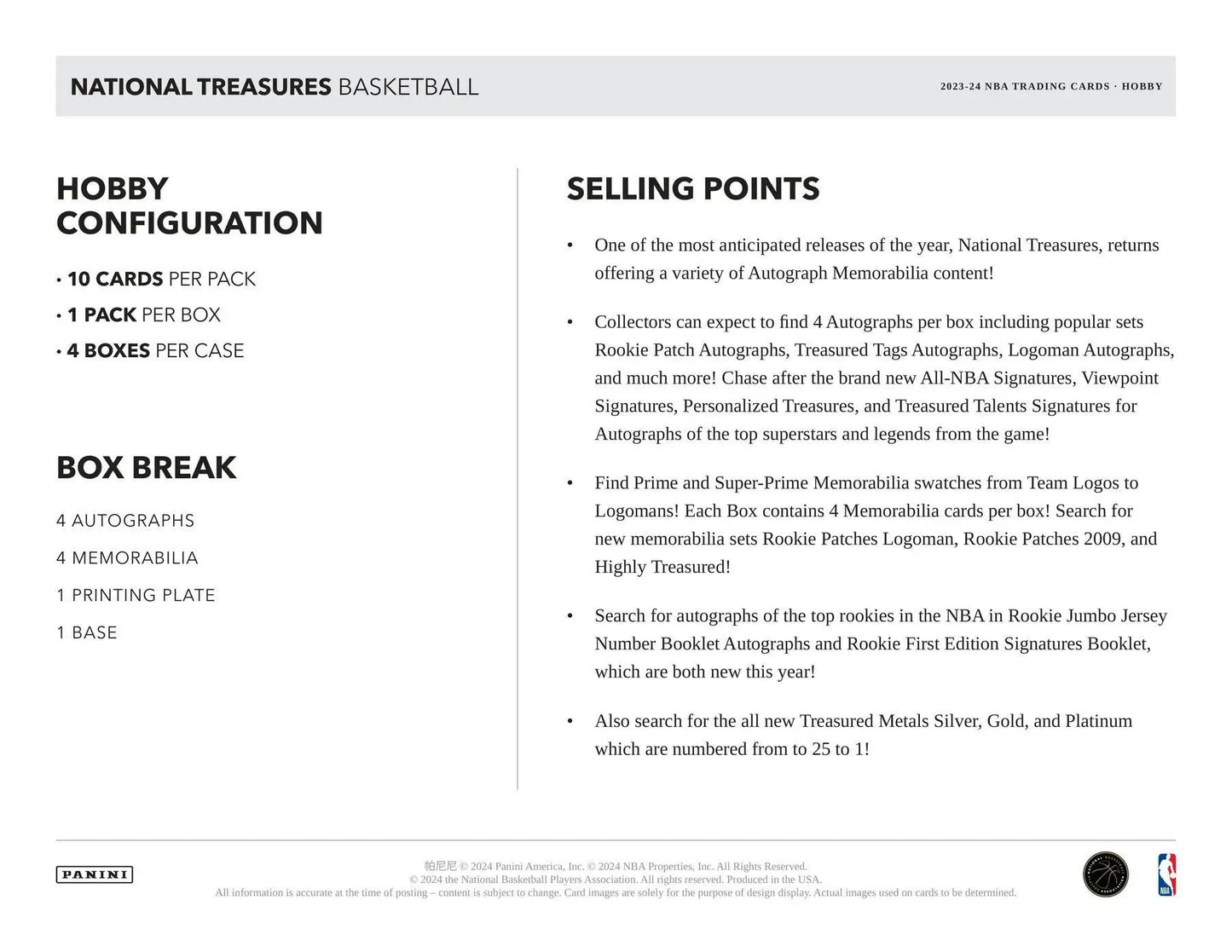 Product information card for Panini National Treasures Basketball Hobby Box details