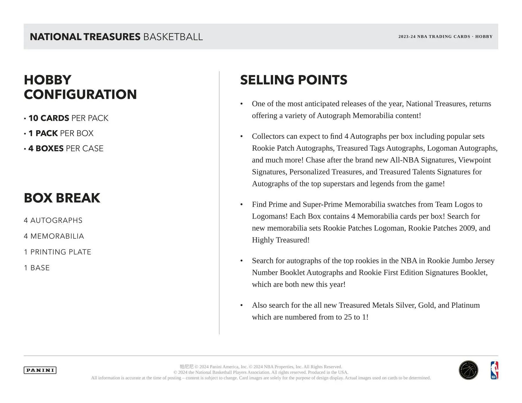 Product information card for Panini National Treasures Basketball Hobby Box details