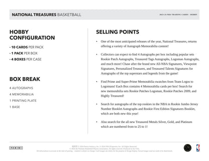 Product information card for Panini National Treasures Basketball Hobby Box details