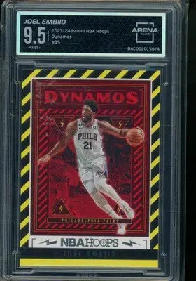 Panini NBA Hoops Dynamos Joel Embiid basketball card graded 9.5 with red and black design