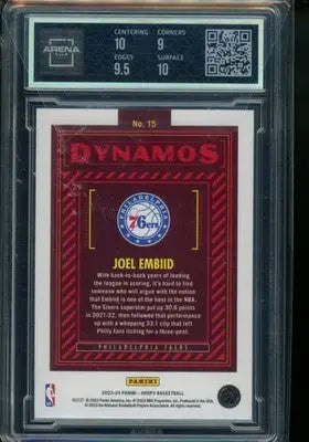 2023-24 Panini NBA Hoops Dynamos Joel Embiid basketball card with red and white accents
