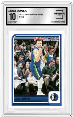 Graded Luka Dončić 2023-24 Panini NBA Hoops basketball card in product 2023-24 Panini NBA Hoops Luka Dončić #158