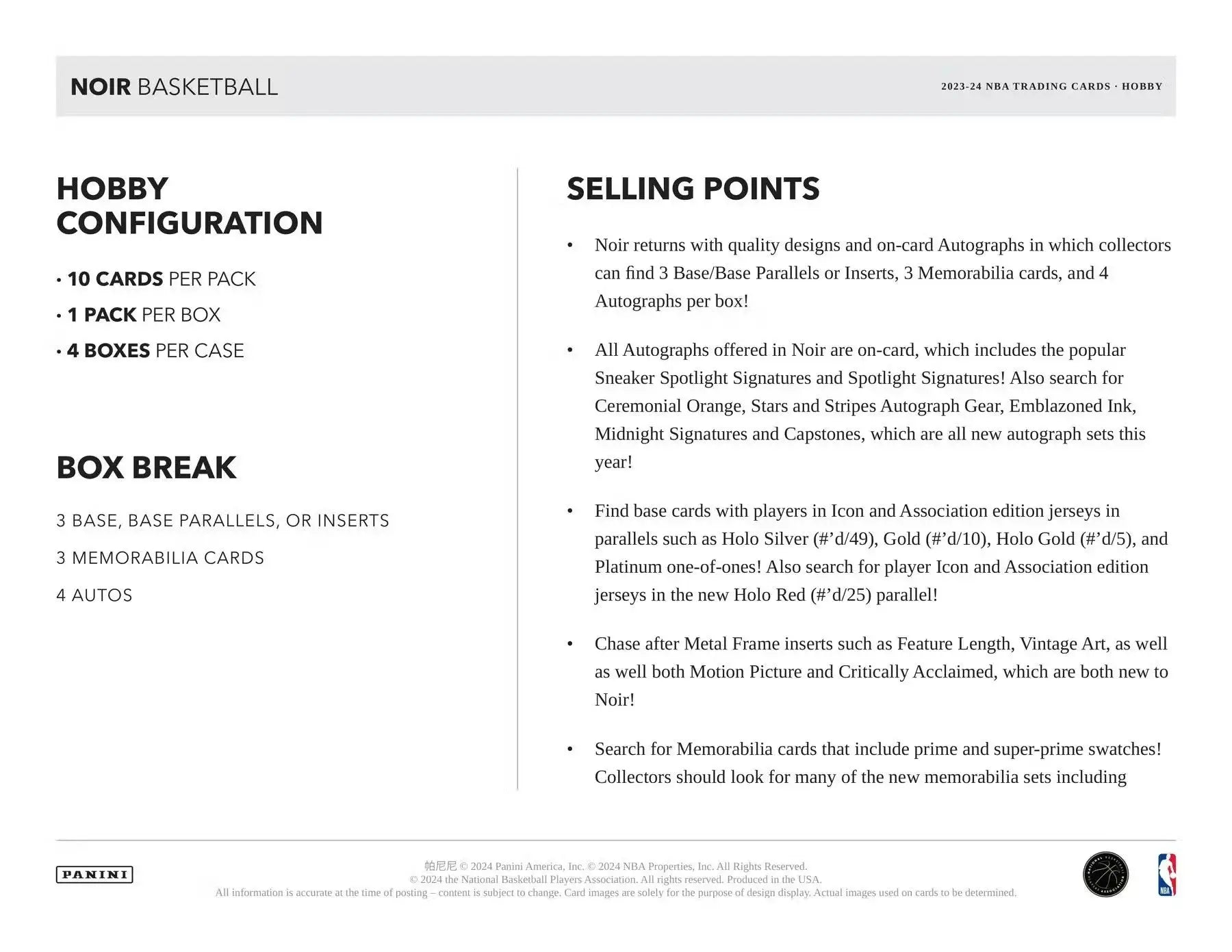 Noir basketball card product details with memorabilia cards and spotlight signatures in 2023-24 Panini Noir Hobby Box