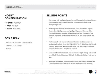 Noir basketball card product details with memorabilia cards and spotlight signatures in 2023-24 Panini Noir Hobby Box