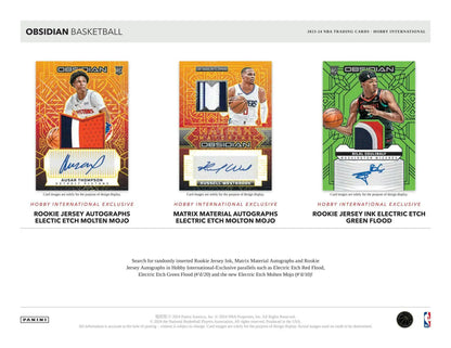 Basketball trading cards featuring rookie jersey autographs in the 2023-24 Panini Obsidian Basketball International Hobby Box