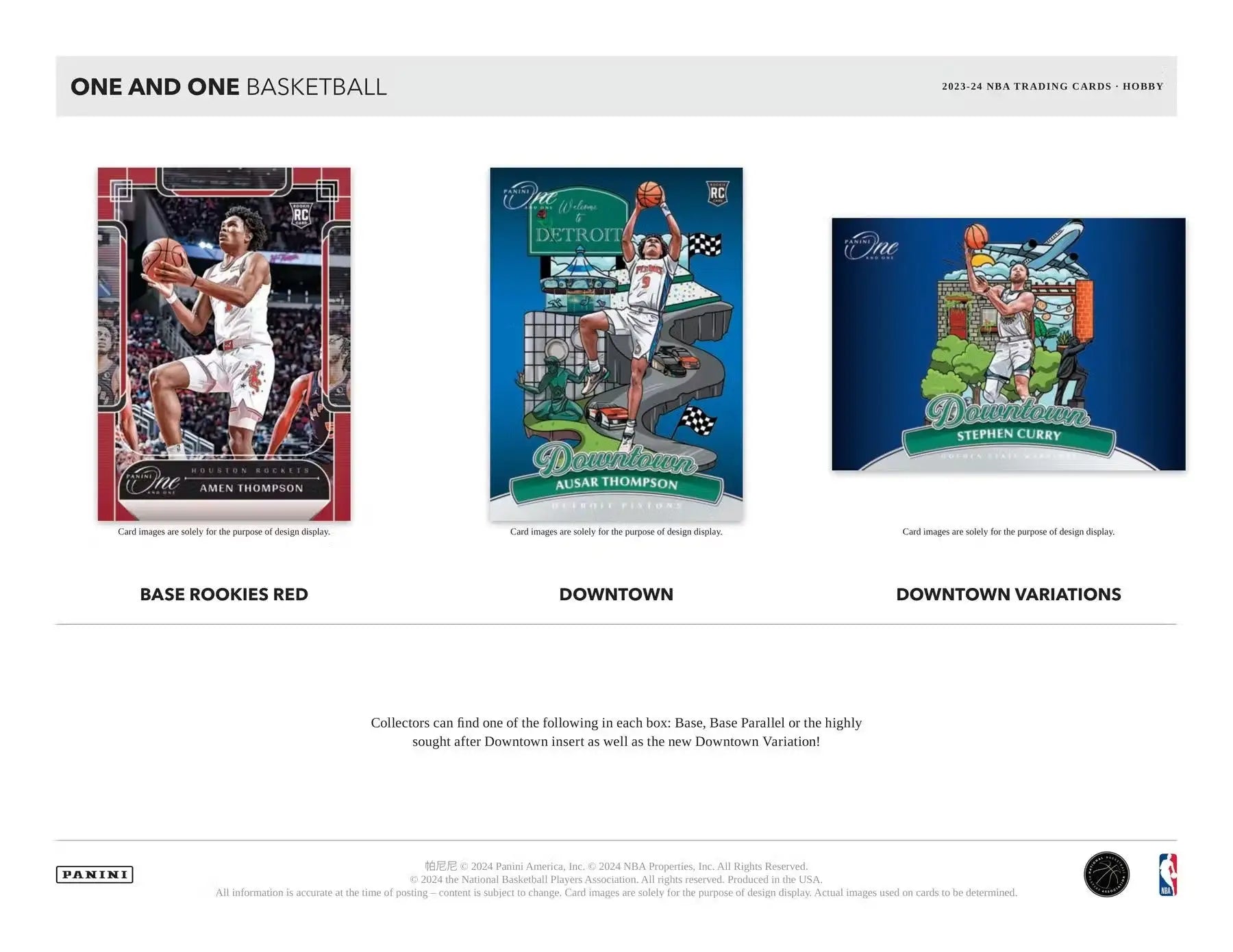 Advertisement featuring 2023-24 Panini One and One Basketball trading cards showcasing timeless moments