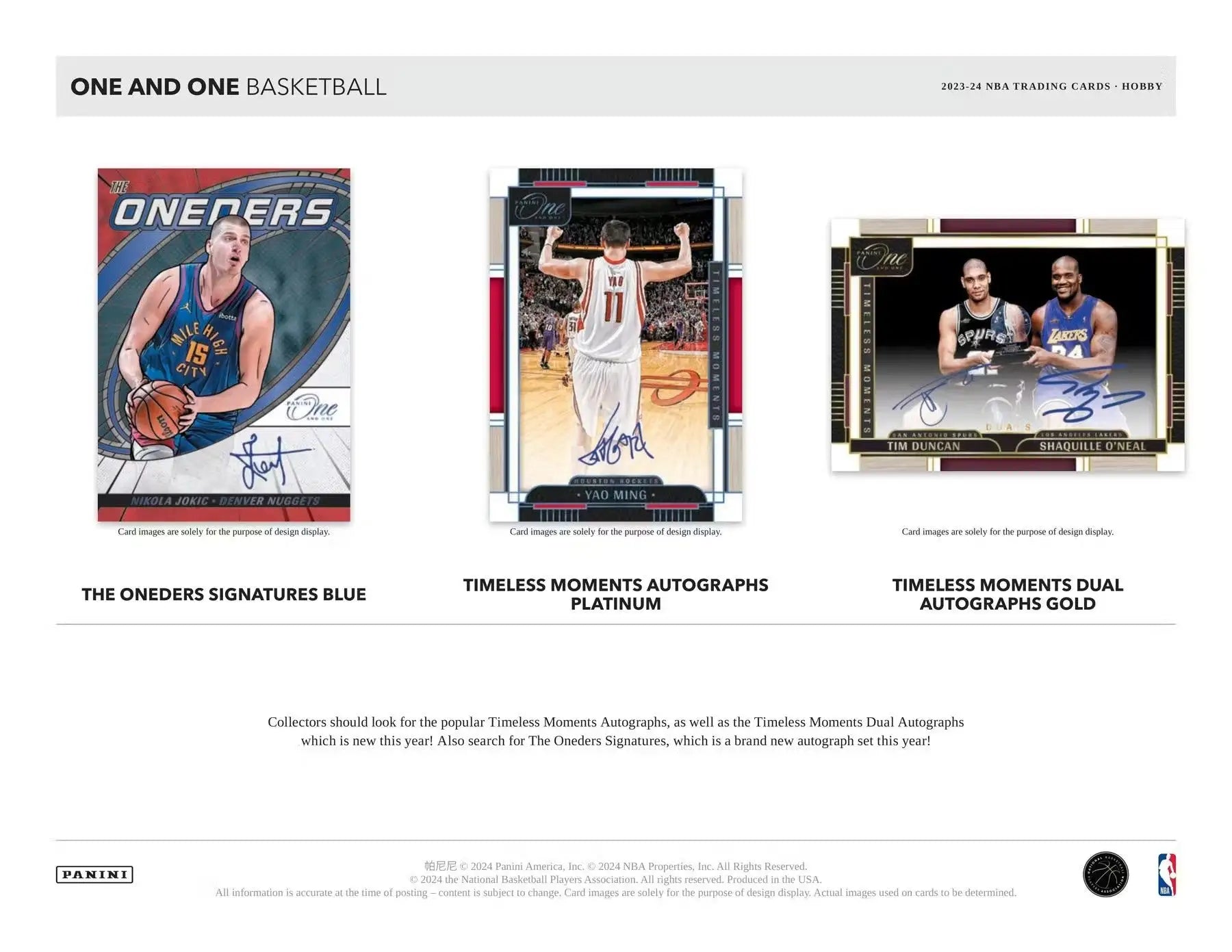 Product advertisement for 2023-24 Panini One and One Basketball with rookie jersey autographs
