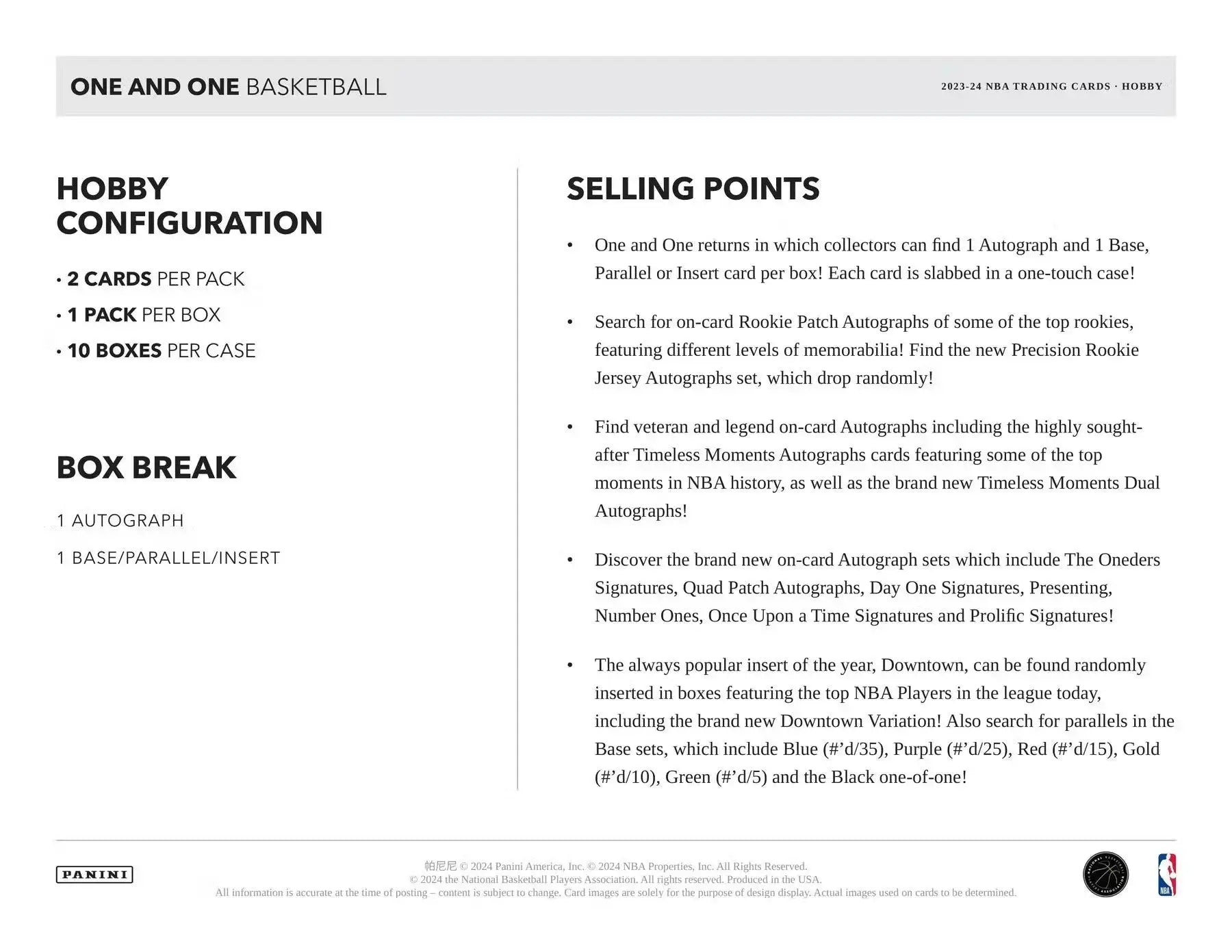 Product information page for 2023-24 Panini One and One Basketball Hobby Box showcasing rookie jersey autographs