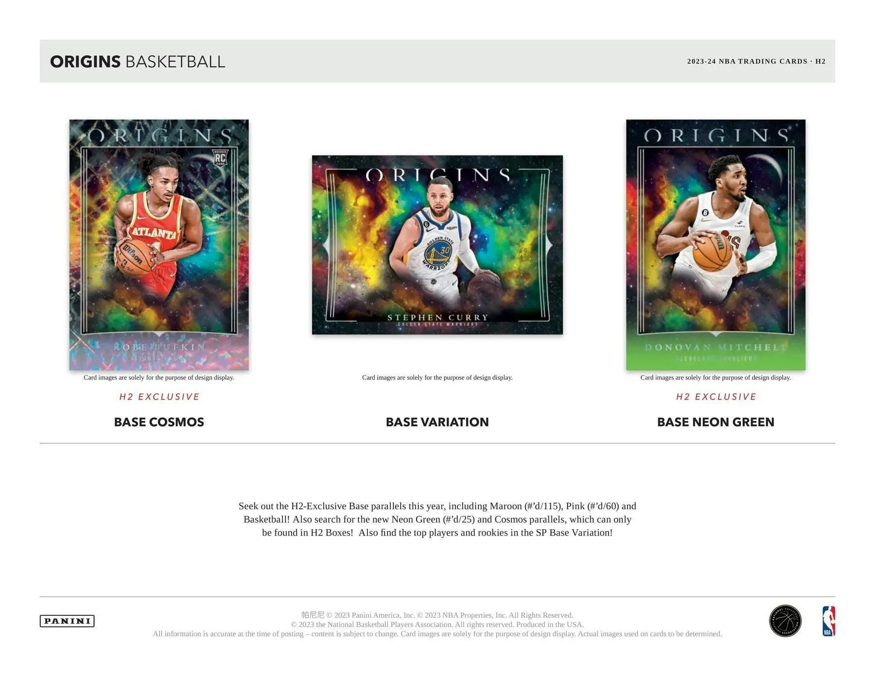Basketball trading cards from Panini Origins 2023-24 H2 Box with H2-exclusive inserts and elevation signatures
