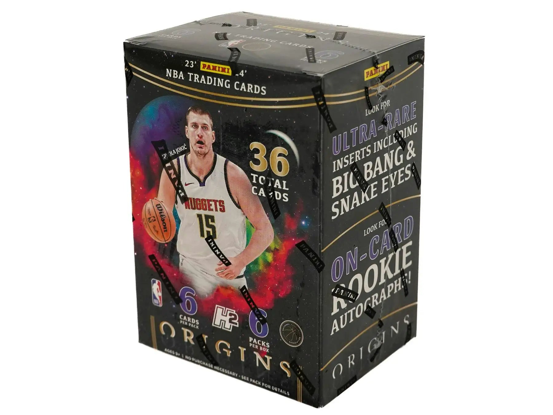 Box of NBA trading cards featuring Panini Origins H2-exclusive inserts and elevation signatures
