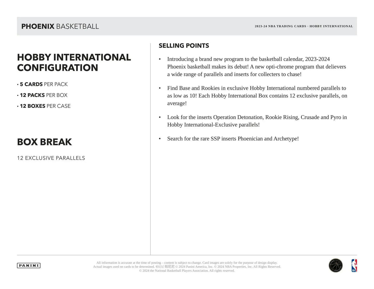 Phoenix basketball 2023-24 hobby box showcasing exclusive parallels and rookie signs