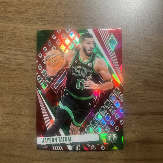 Jayson Tatum basketball card 2023-24 Panini Phoenix Red Cracked Ice Prizm #145