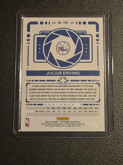 Julius Erving NBA trading card in protective sleeve from 2023-24 Panini Photogenic series