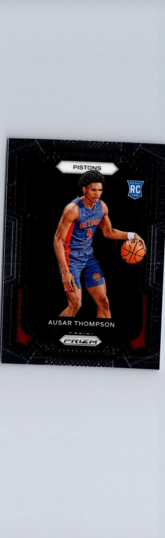 Black basketball trading card featuring Ausar Thompson in Pistons uniform from Panini Prizm