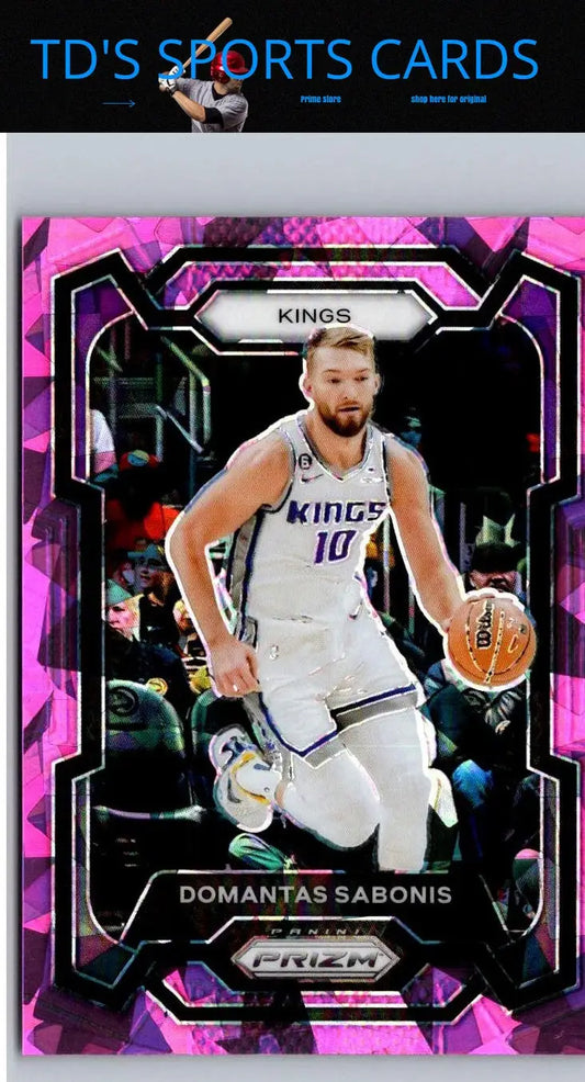 Domantas Sabonis basketball card from 2023-24 Panini Prizm Prizms Pink Ice series