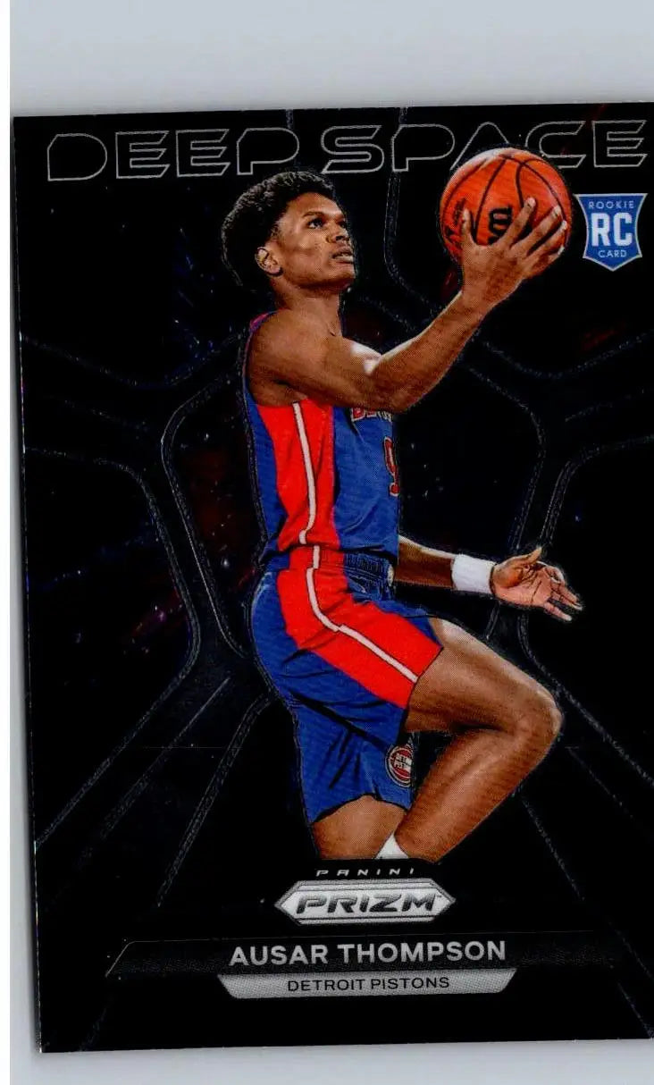 Basketball trading card featuring Ausar Thompson in Detroit Pistons uniform from 2023-24 Panini Prizm Thompson Deep Space series