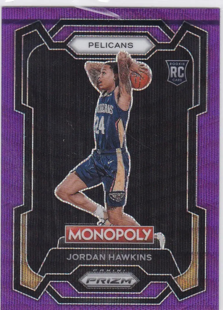 Jordan Hawkins Purple Monopoly RC Pelicans trading card from 2023-24 Panini Prizm
