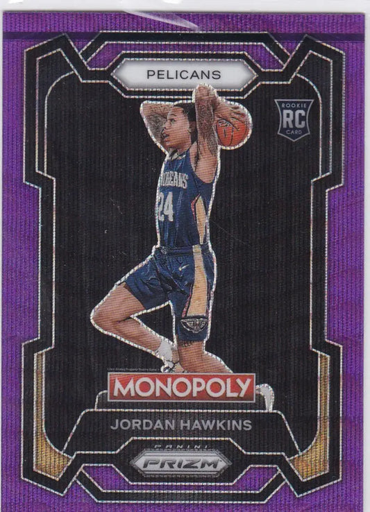 Jordan Hawkins Purple Monopoly RC Pelicans trading card from 2023-24 Panini Prizm