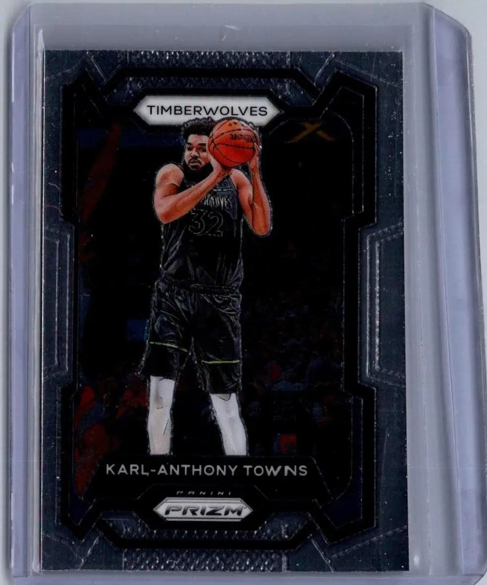 Basketball trading card of Karl-Anthony Towns in protective sleeve from Panini Prizm 2023-24