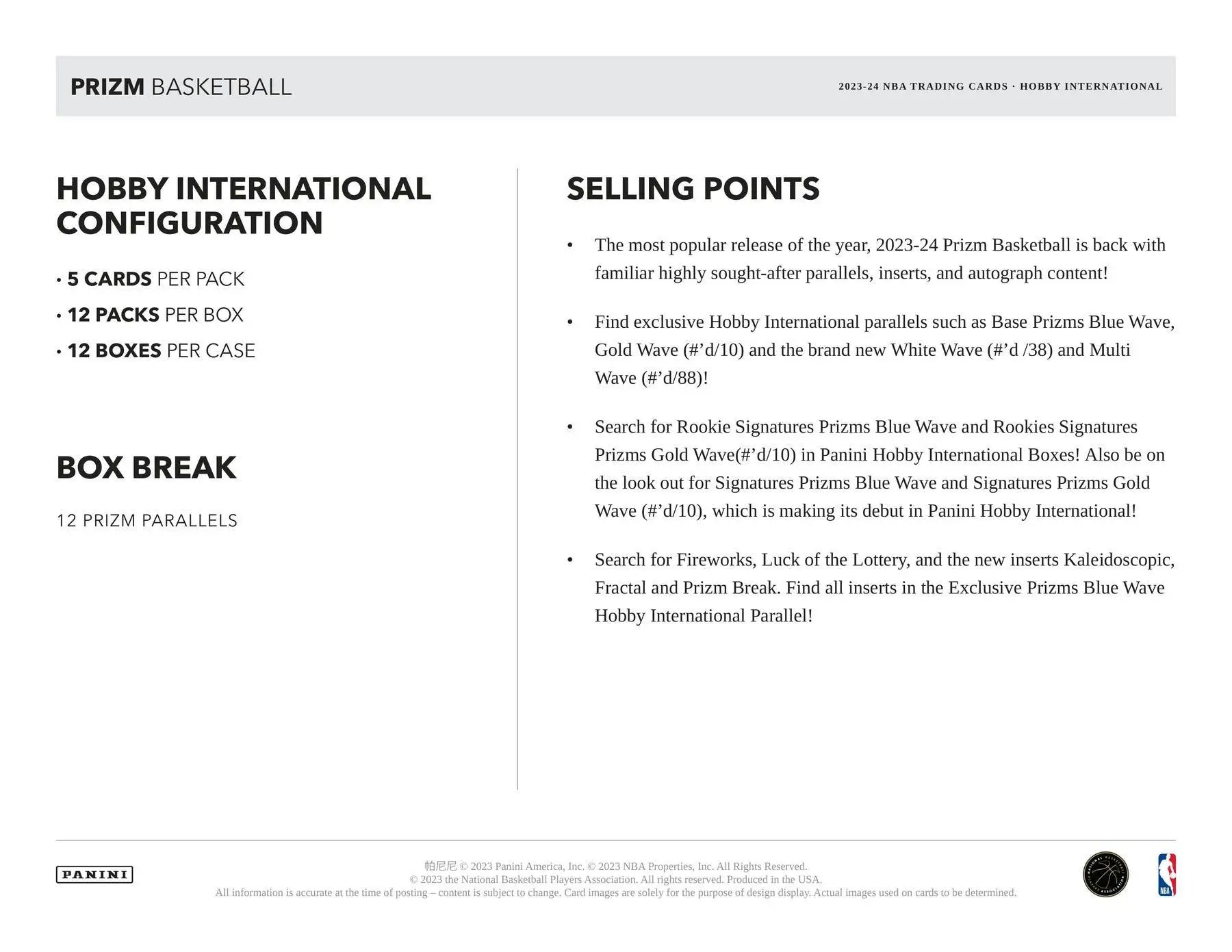 2023-24 Panini Prizm Basketball International Hobby Box featuring prizms blue wave and rookie signatures