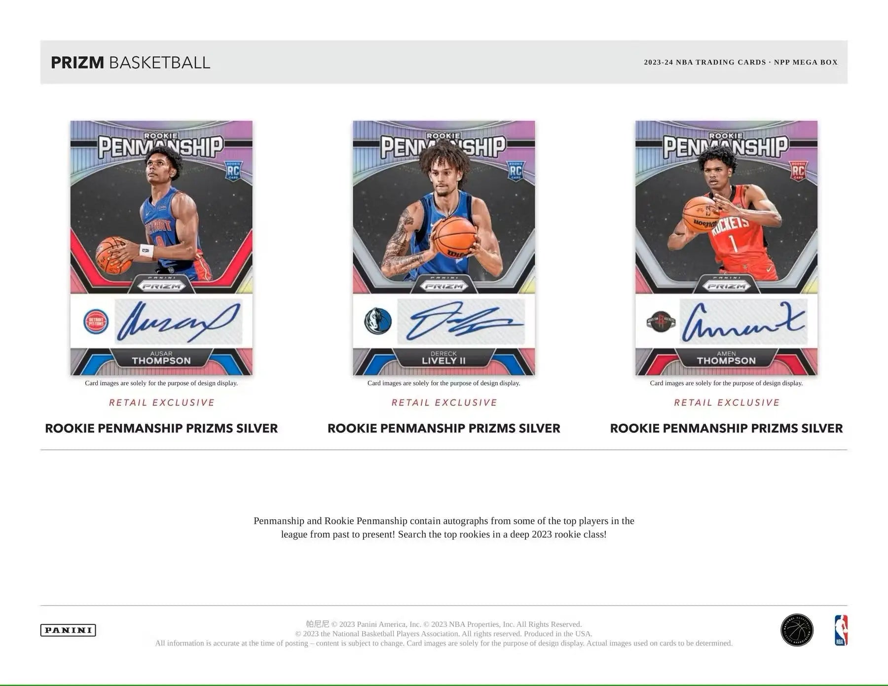 Three autographed NBA trading cards from the Rookie Penmanship Prizm Silver series