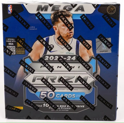 2023/24 Panini Prizm Basketball Mega Box featuring Pink Ice Prizms and player cover art
