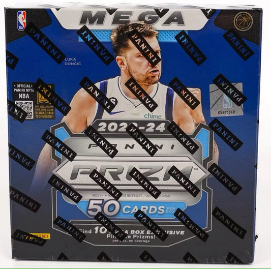 2023/24 Panini Prizm Basketball Mega Box featuring Pink Ice Prizms and player cover art