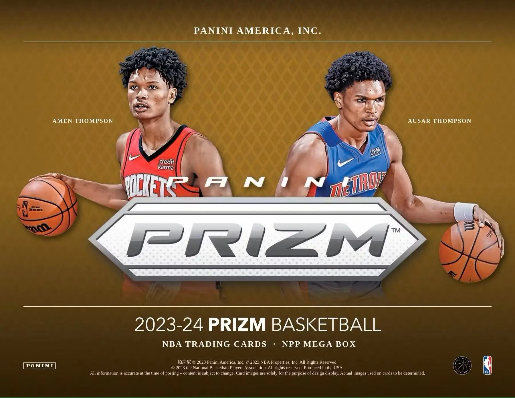 2023-24 Prizm Basketball Mega Box advertisement with NBA players and pink ice prizms