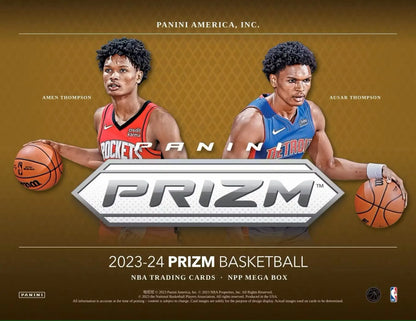 2023-24 Prizm Basketball Mega Box advertisement with NBA players and pink ice prizms