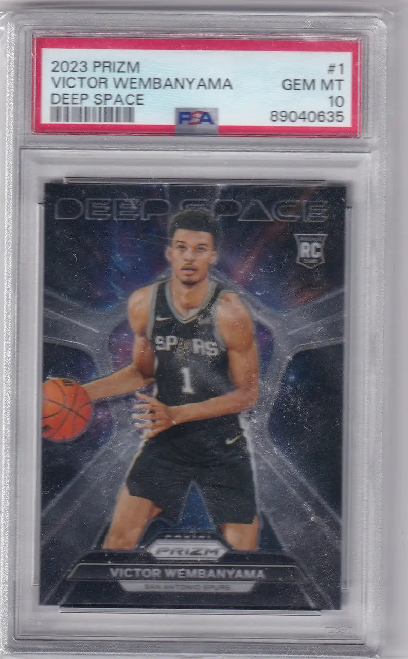 Graded Victor Wembanyama basketball card from 2023-24 Panini Prizm Deep Space PSA 10