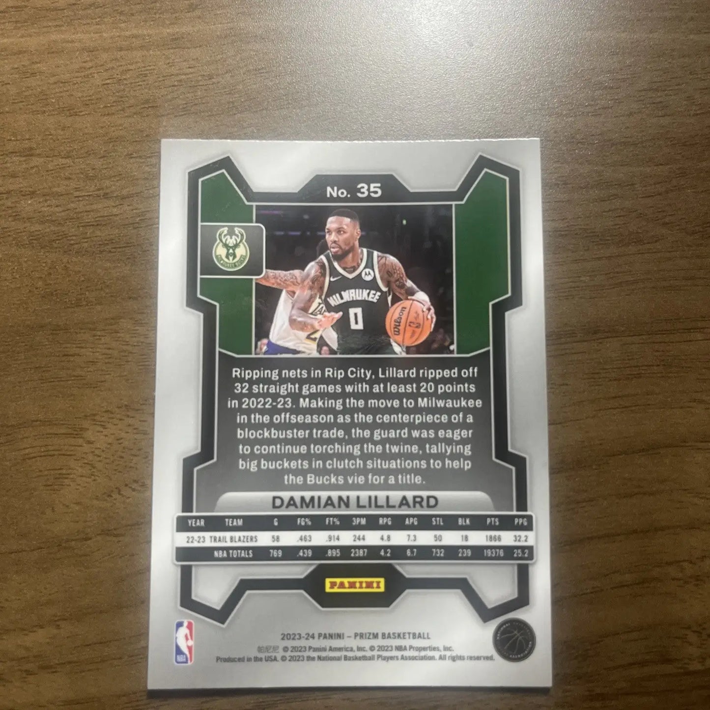 Damian Lillard basketball card from 2023-24 Panini Prizm NBA Silver Prizm #175