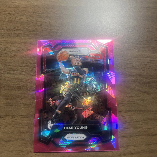 Trae Young basketball card from 2023-24 Panini Prizm Pink Ice Prizm collection
