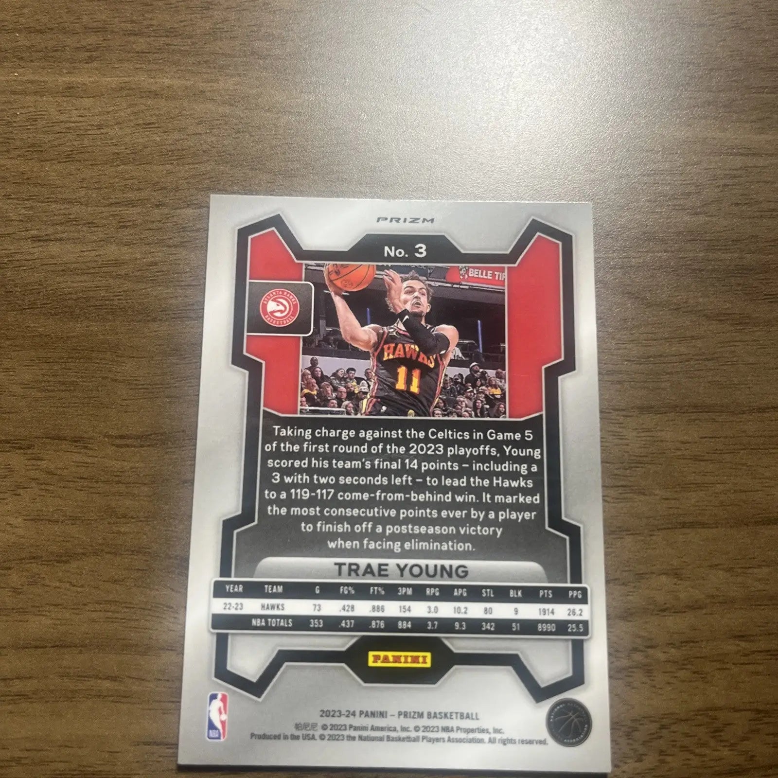 Trae Young basketball card from 2023-24 Panini Prizm Pink Ice Prizm edition