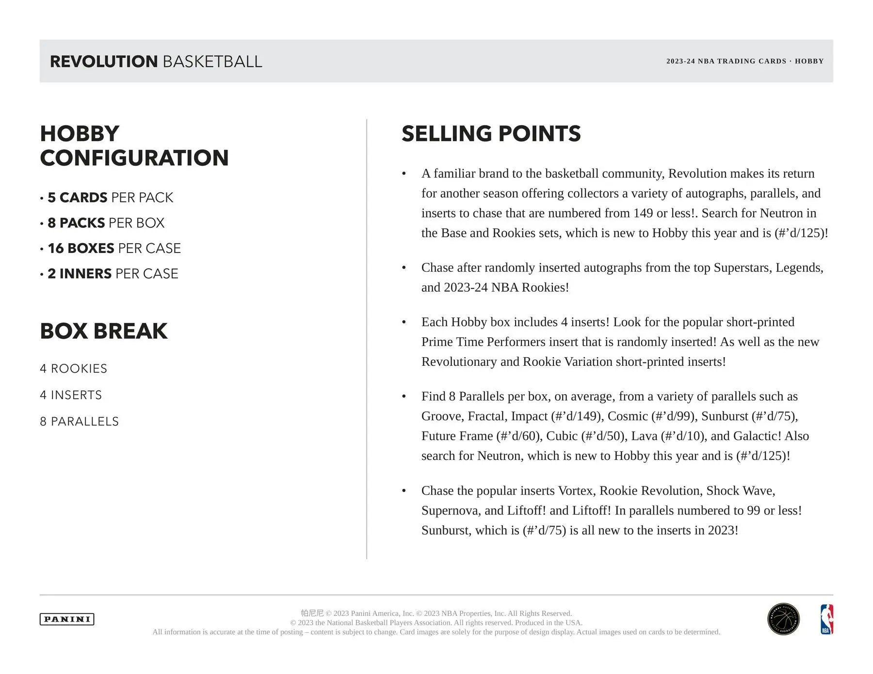 Product information sheet for 2023-24 Panini Revolution Basketball Hobby Box with selling points and randomly inserted autographs