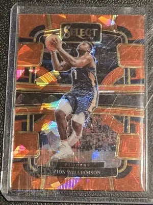 Zion Williamson basketball card featuring Orange Flash Prizms from 2023-24 Panini Select
