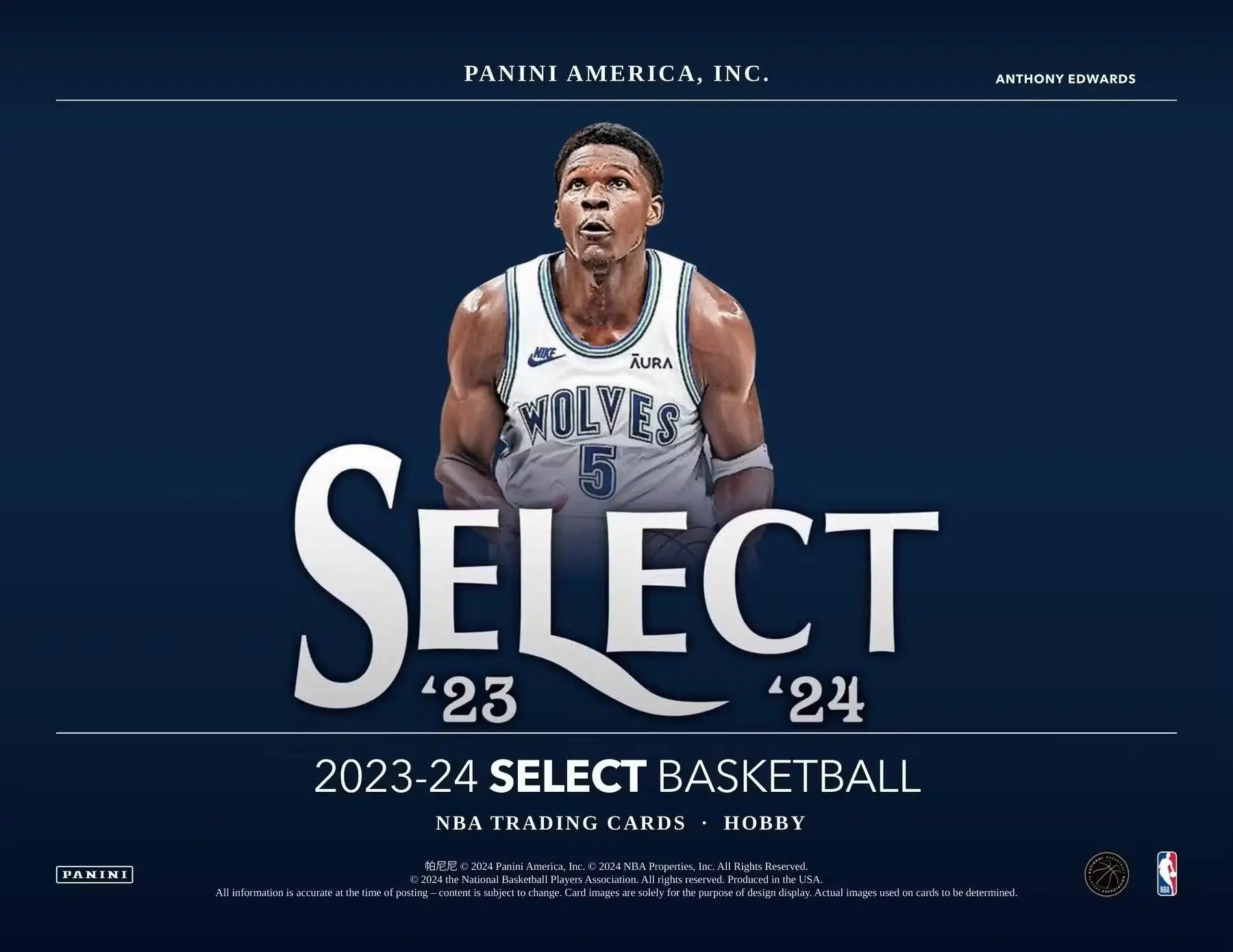Anthony Edwards basketball card from 2023-24 Panini Select Basketball Hobby Box, featuring black finite design
