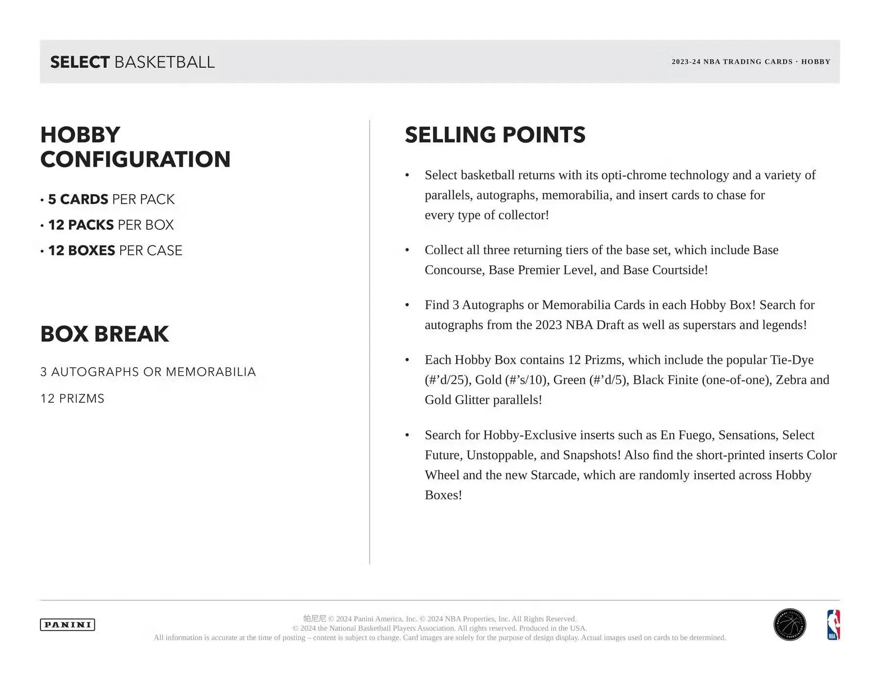 Product details of 2023-24 Panini Select Basketball Hobby Box featuring Black Finite and Color Wheel