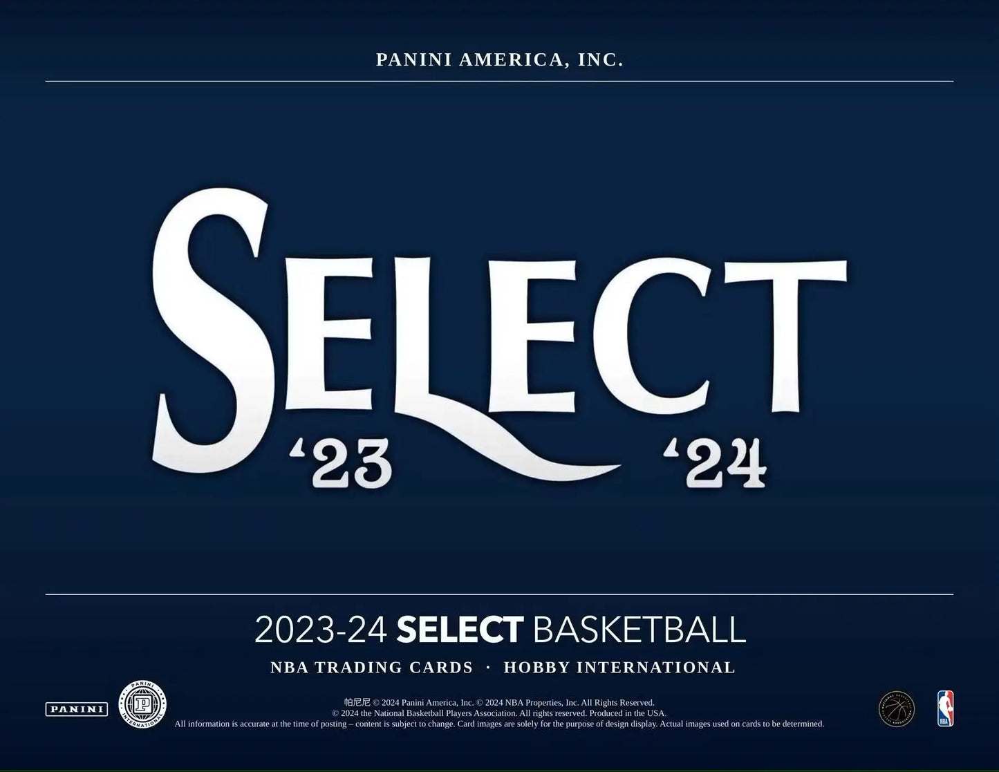 2023-24 Panini Select Basketball International Hobby Box packaging showcasing select basketball trading cards