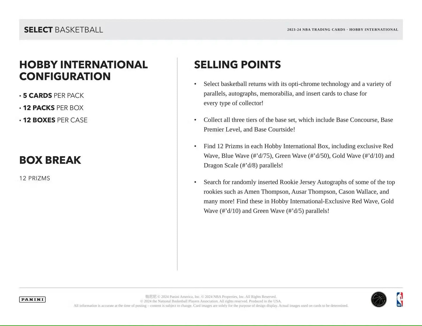 Trading card product details for 2023-24 Panini Select Basketball International Hobby Box