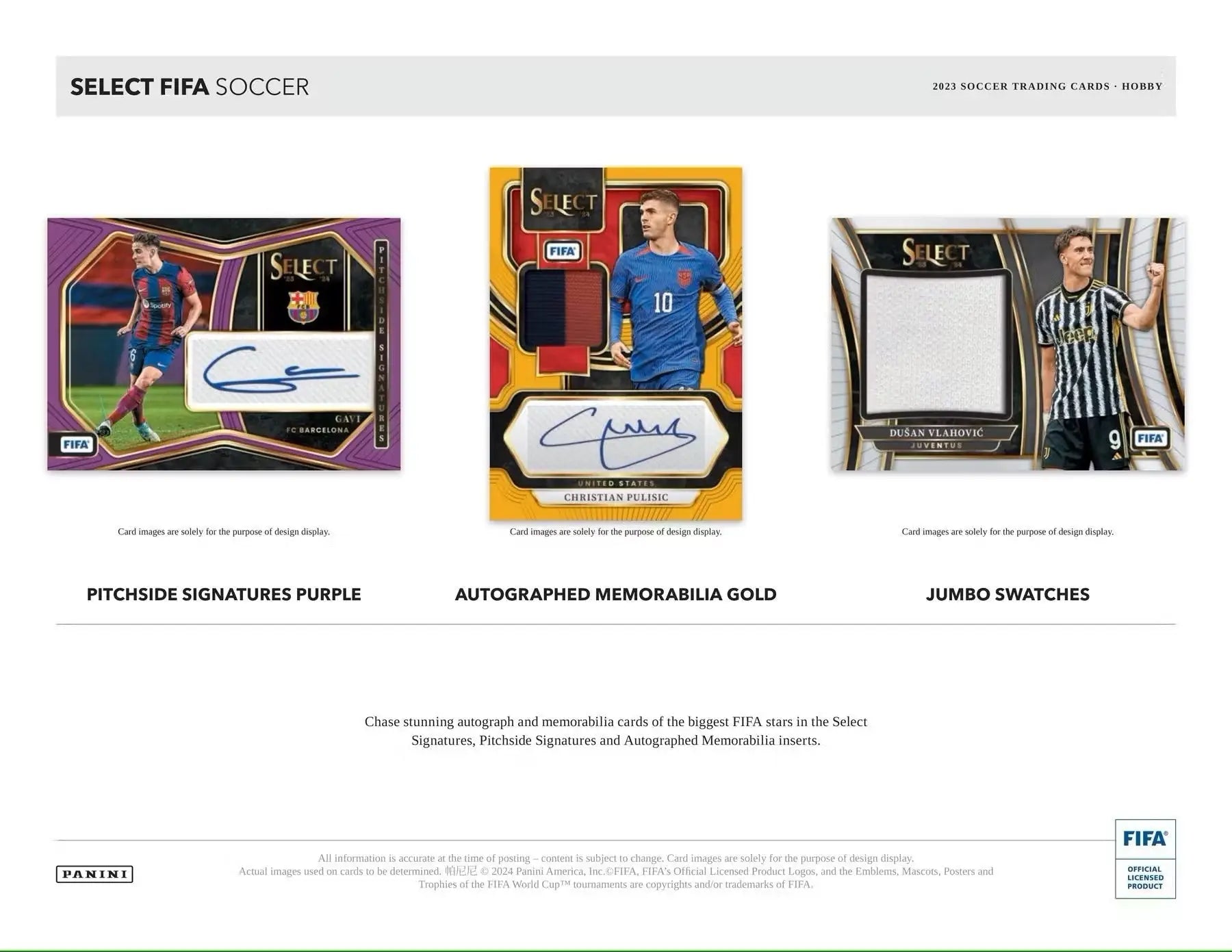 Three soccer trading cards from the 2023-24 Panini Select FIFA Soccer Hobby Box