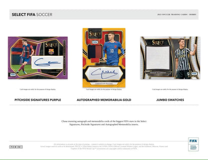 Three soccer trading cards from the 2023-24 Panini Select FIFA Soccer Hobby Box