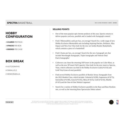 Spectra Basketball hobby configuration and box break details for 2023-24 Panini Spectra Basketball