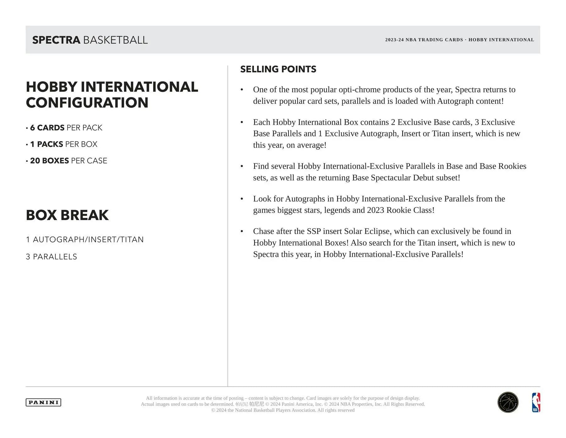 2023-24 Panini Spectra Basketball Hobby Box featuring three parallels and exclusive base