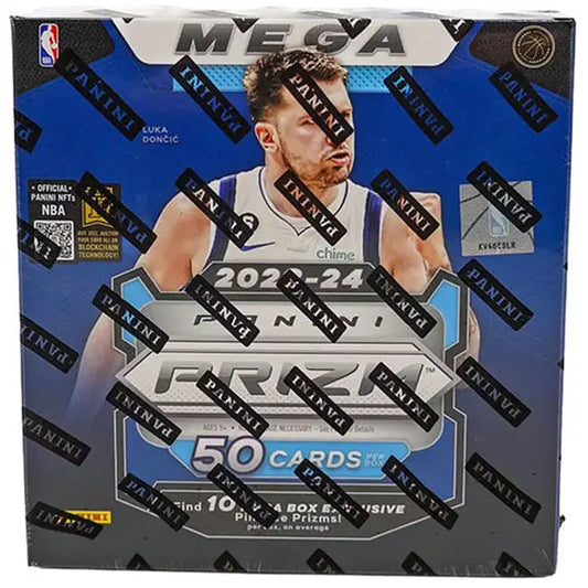 2023-24 Prizm Basketball Mega Box showcasing blue and silver design with Instant Impact elements