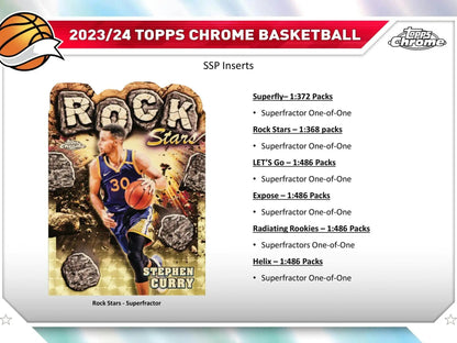 Basketball card with Stephen Curry from 2023-24 Topps Chrome Basketball Hobby Box featuring refractors gold